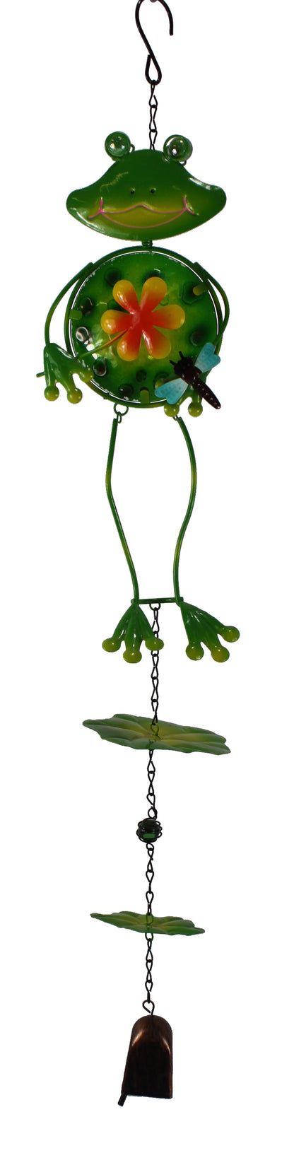 25239-28 Inch Metal Green Frog Wind Chime With Lily Pads Outdoor Garden Decor Ornament |G-7|