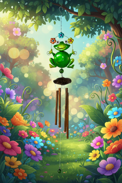 25496- 24 Inch Whimsical Frog Under Flower Metal Windchime For Garden Patio Outdoor Decor |G-4|