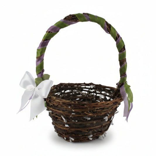 25554 - Charming 12" Woven Twig Basket with Ribbon & Bow Accents | TBD|