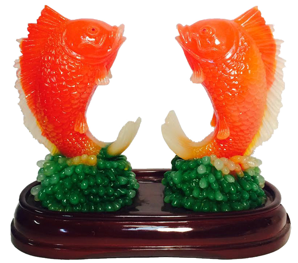 2567 - 12" 2 Orange Fish - Facing - Orange Jade Wooden Base |Z-86|