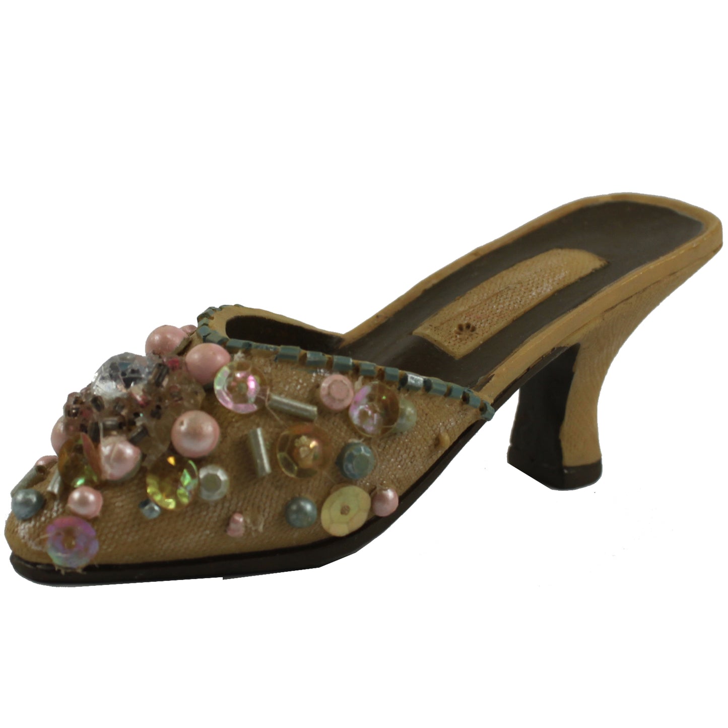 25689 - 4" Beige High Heel Shoe With Pink/Blue Sequins and Beads |1-27|