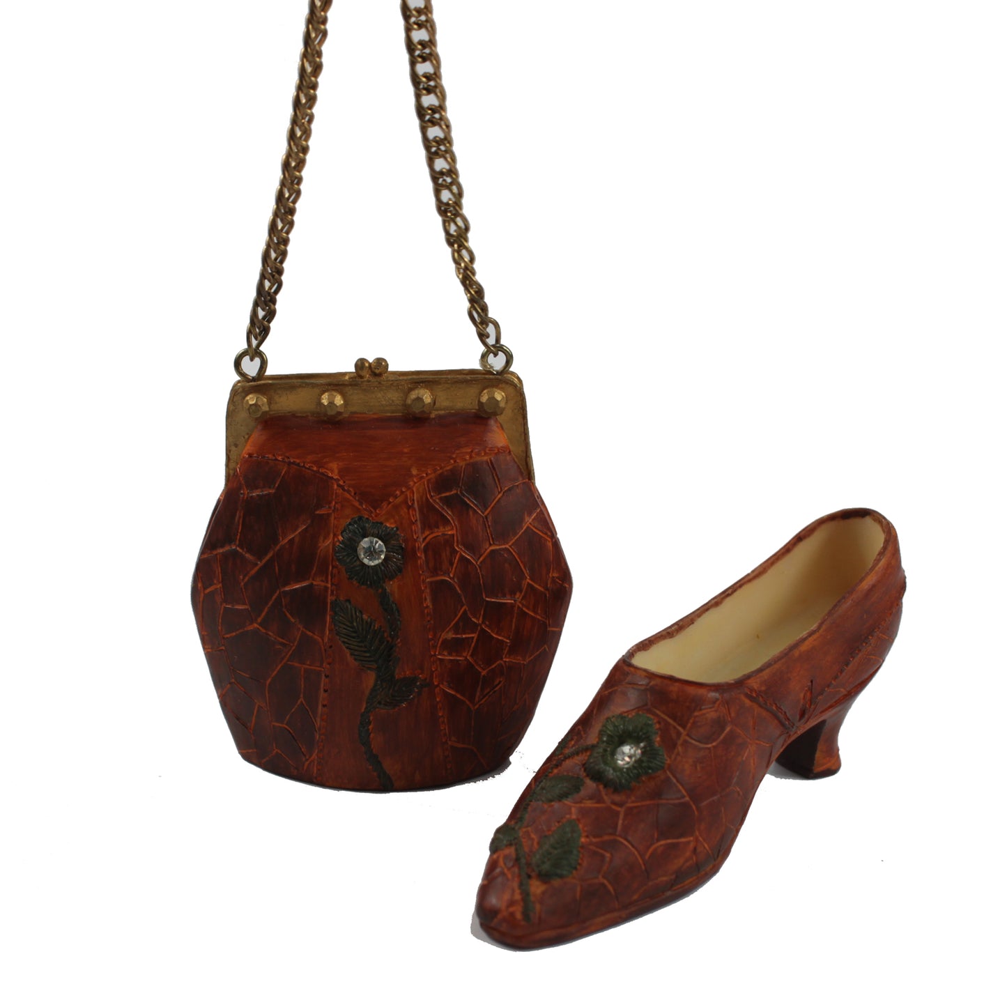 25691 - 4" Brown Purse & Shoe with Green Flower Design Figurine Set |1-27|