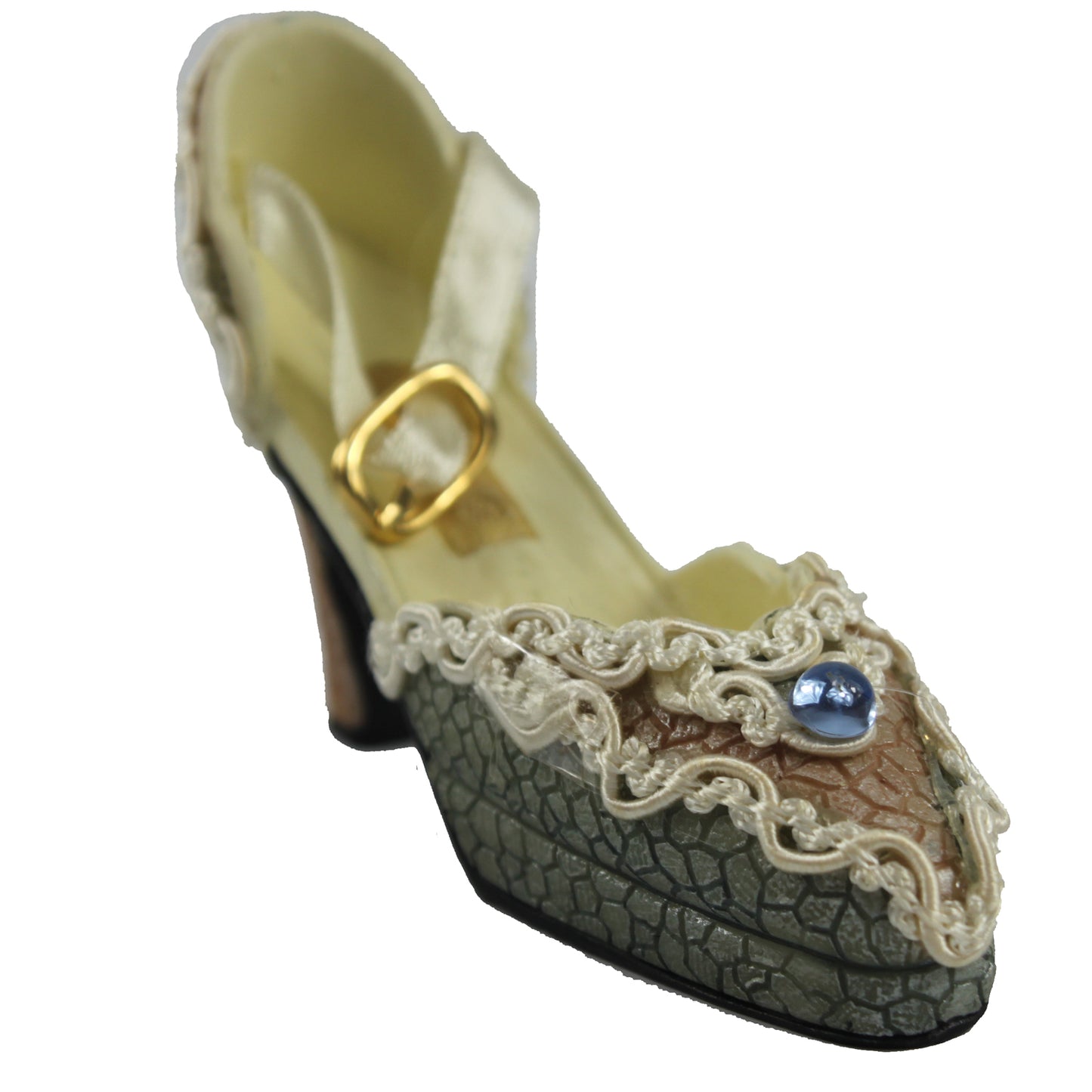 25732 - 4" Peach and Blue High Heel Shoe Figurine with White Ribbon Strap |1-27|