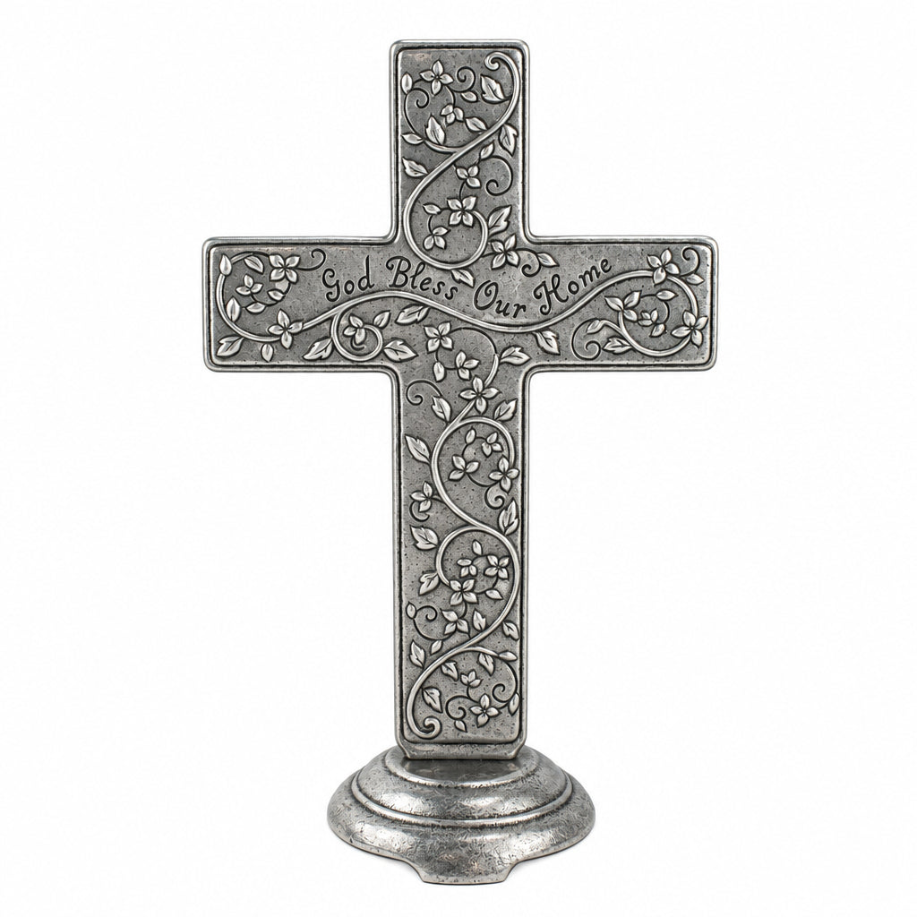 27717 - God Bless Our Home Tabletop Silver 10" Cross |F-26|