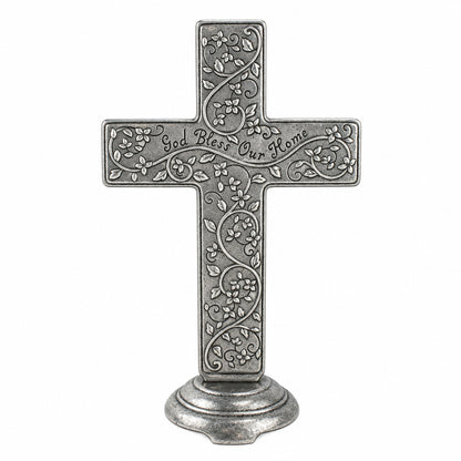 27717 - God Bless Our Home Tabletop Silver 10" Cross |F-26|