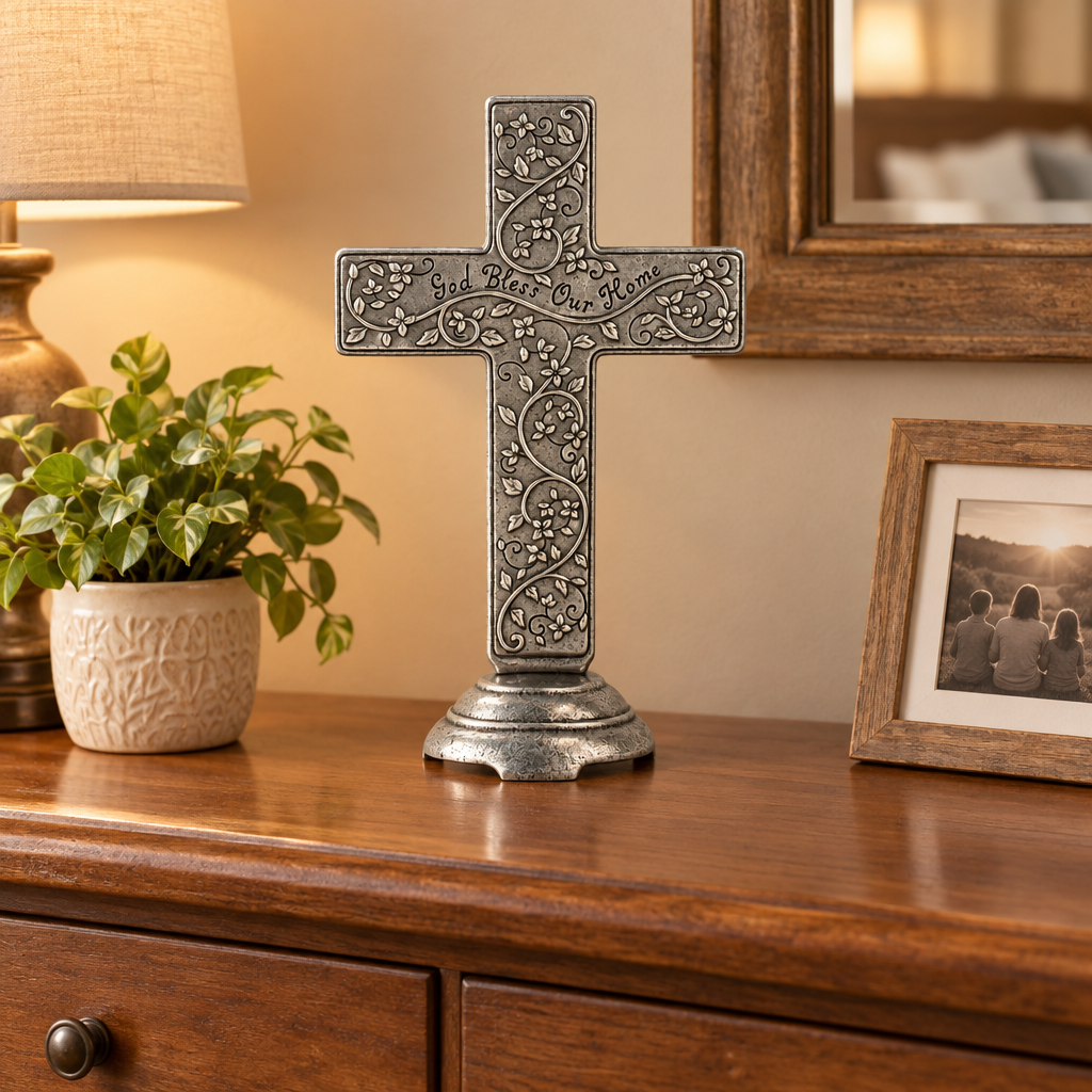 27717 - God Bless Our Home Tabletop Silver 10" Cross |F-26|