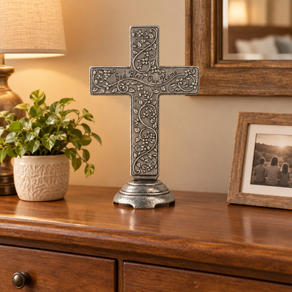 27717 - God Bless Our Home Tabletop Silver 10" Cross |F-26|