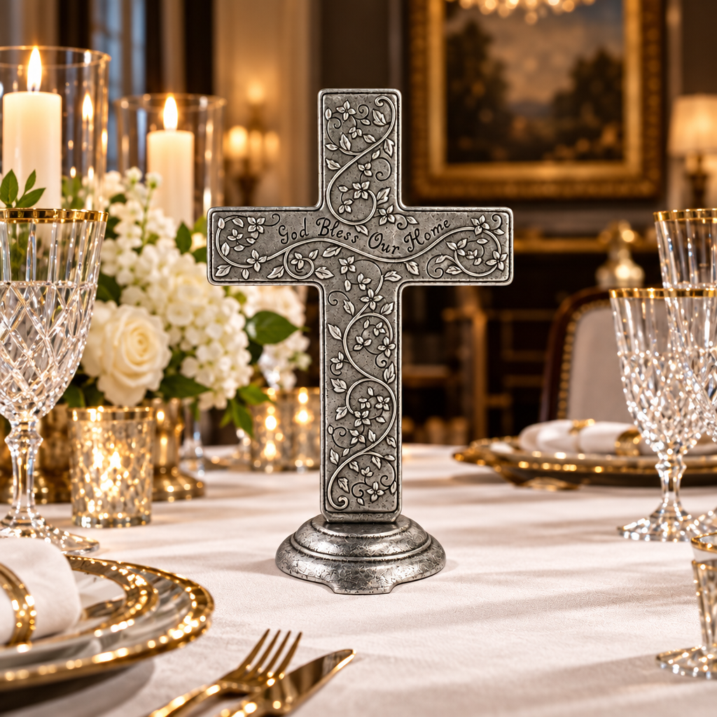 27717 - God Bless Our Home Tabletop Silver 10" Cross |F-26|