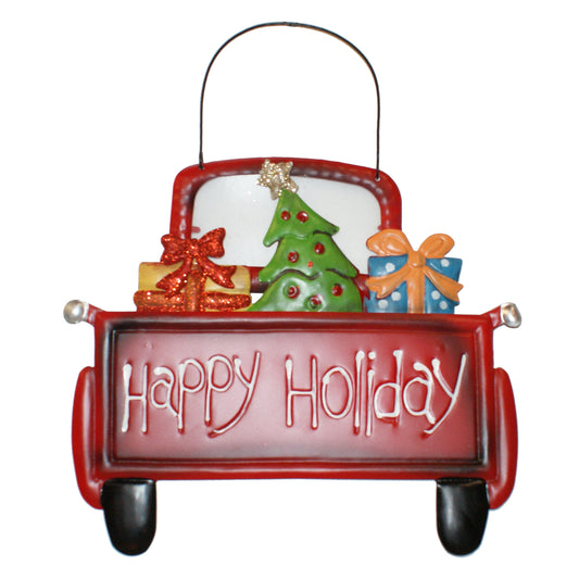 28502 - 11" Red Truck Metal Hanging Happy Holiday |Pod 2-59|