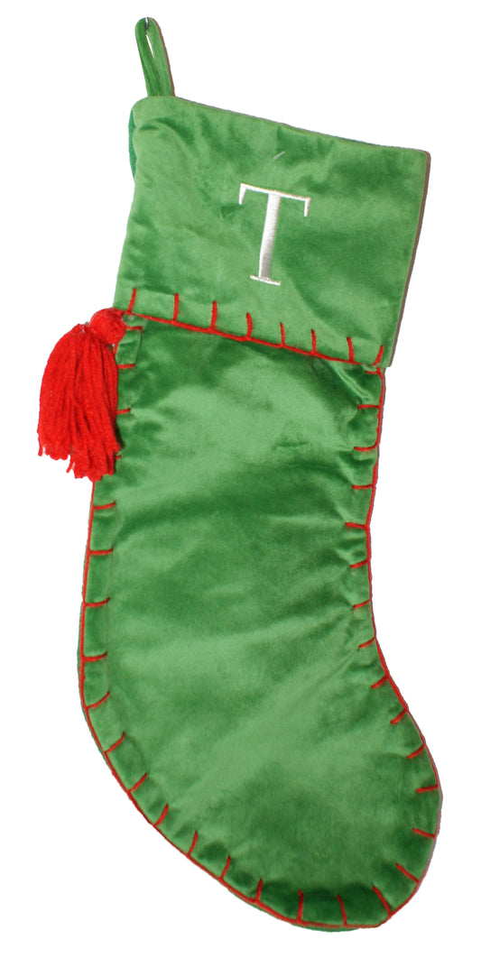 29268 - Green 18" Velvet Christmas Stocking Initial ‘T’ |Pod 2-53|