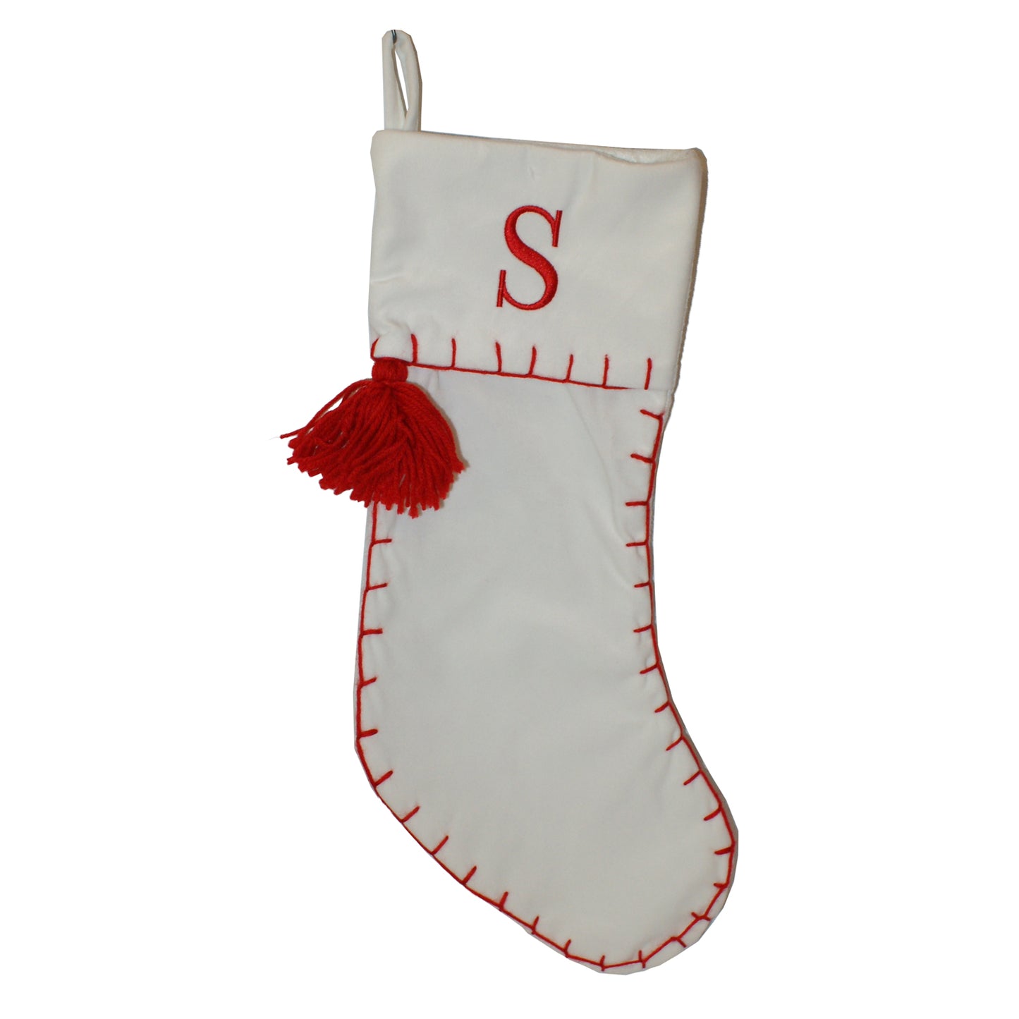 29278 - Velvet 19" Christmas Stocking White Initial “S” |Pod 2-53|