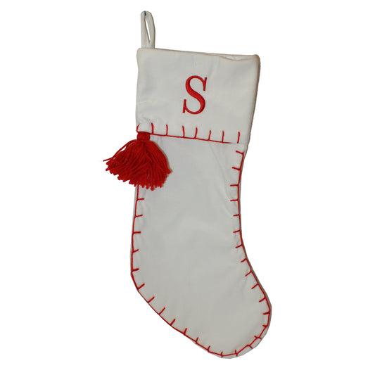 29278 - Velvet 19" Christmas Stocking White Initial “S” |Pod 2-53|