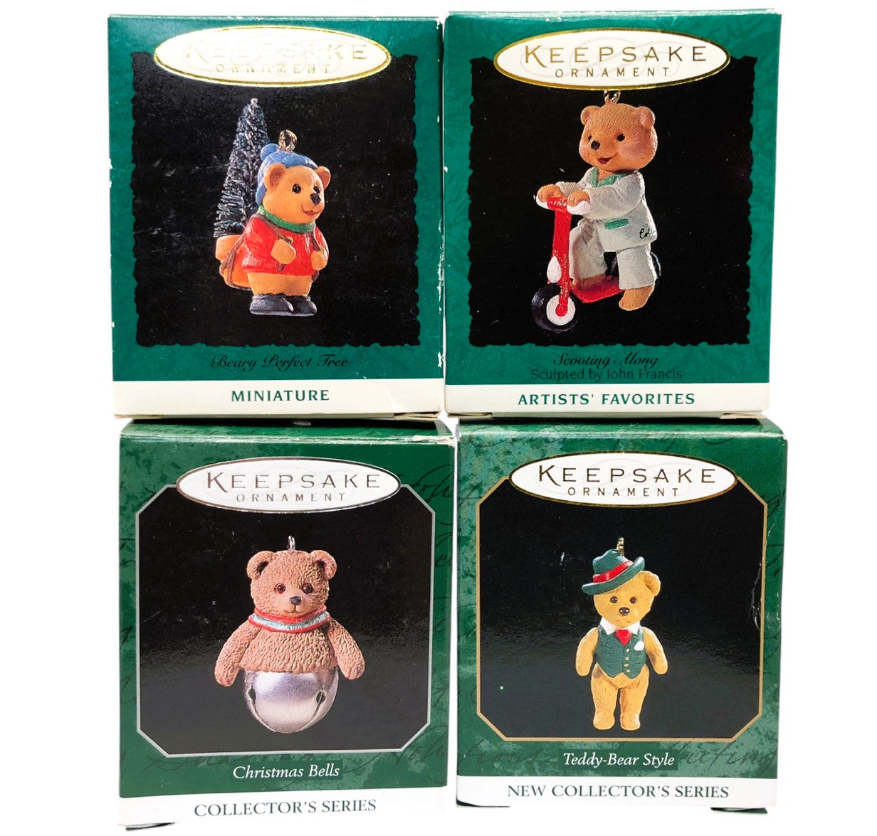 29963 - Set of 4 Teddy Bear Mini Ornament with Christmas Bell, Teddy Bear Style, Beary Perfect Tree, and Scooting Along