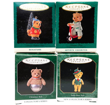 29963 - Set of 4 Teddy Bear Mini Ornament with Christmas Bell, Teddy Bear Style, Beary Perfect Tree, and Scooting Along
