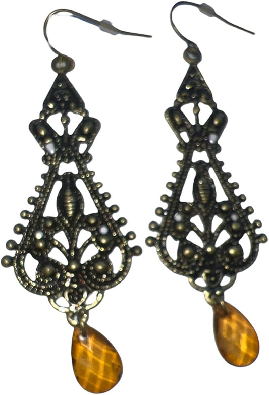 30023 - Brass Design Amber Bead Earrings - [Clear-178]