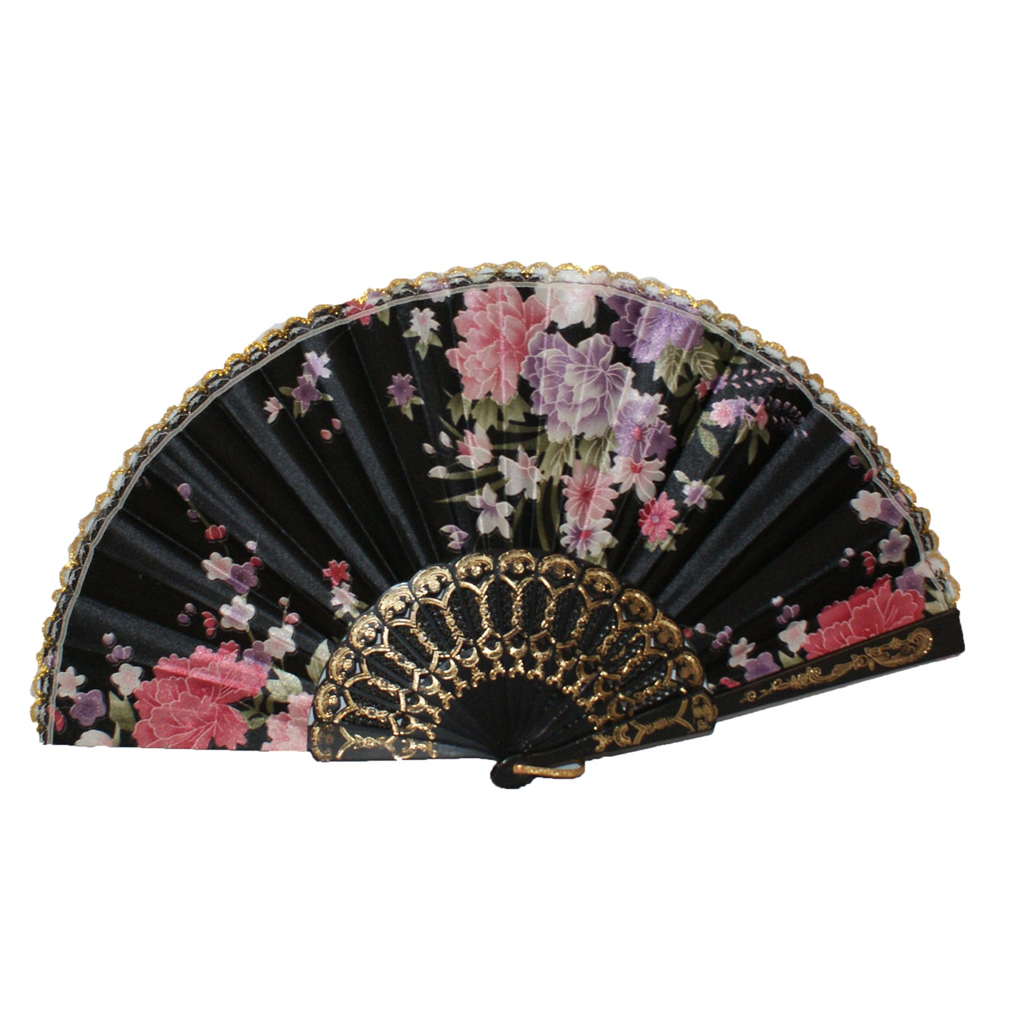 31810 - 9" Black Fan w/ Flowers & Gold |W-19|