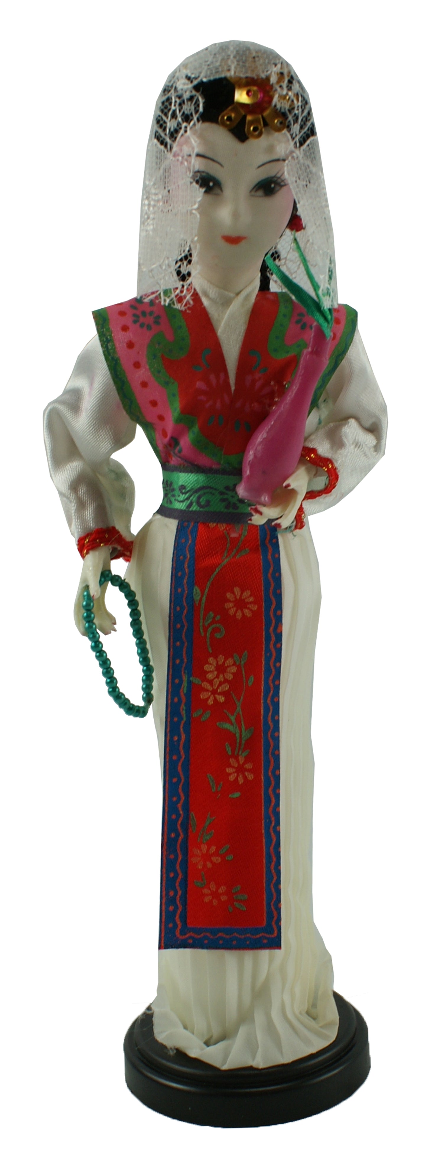 3269 - 10" Pink Vest, White Skirt, Red Sash Woman Doll - Vase - |X-18|