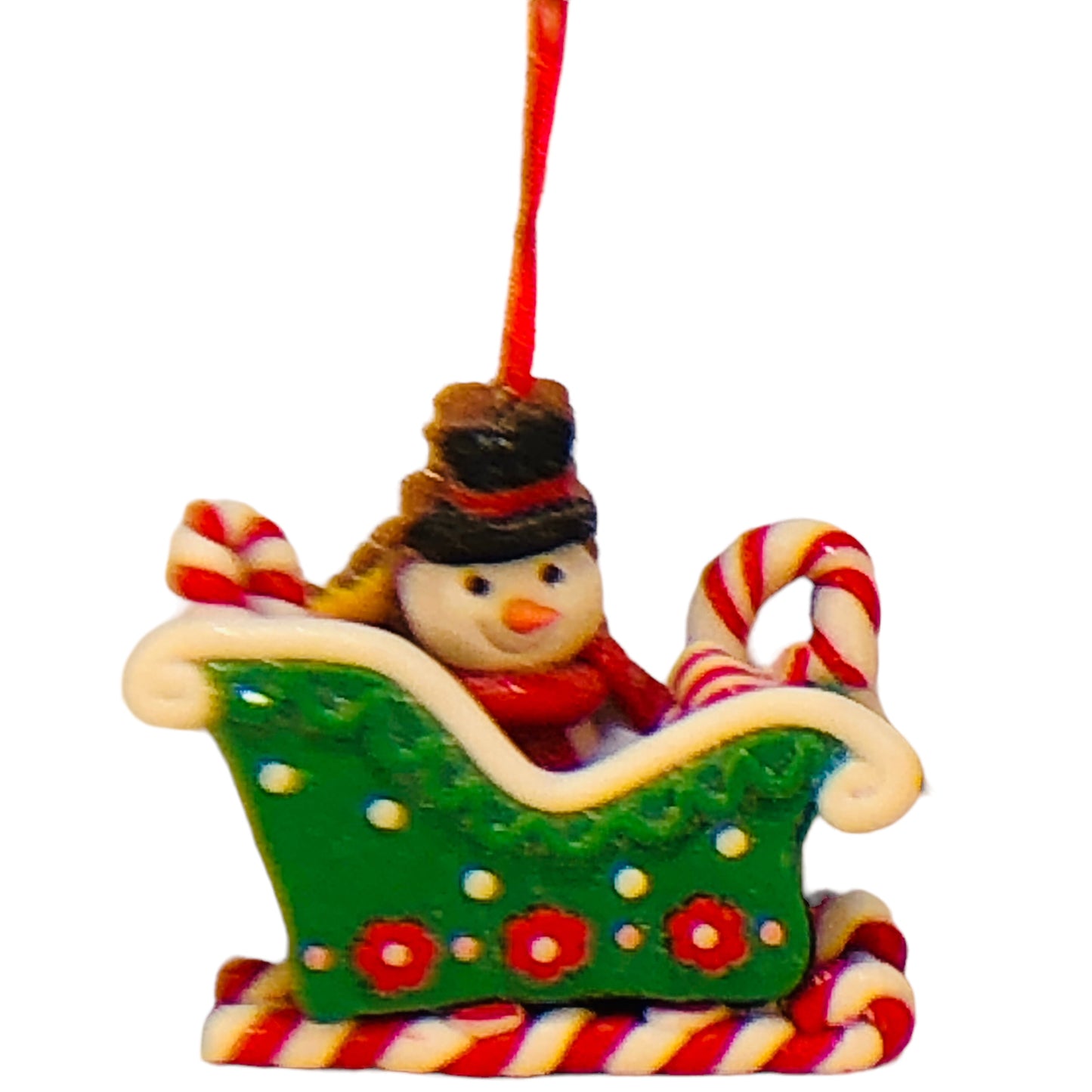 32943 - Claymatic 3D Snowman In Green Sleigh Ornament 4 Inch Tall Holiday |Pod 2-61|