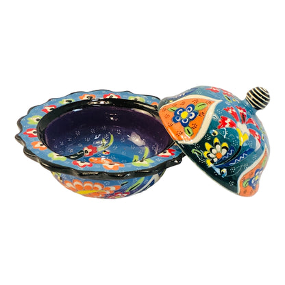 33636 - Turkish Sugar Bowl or Candy Dish 5" Enamel Bowl w/Lid Blue |Z-76|