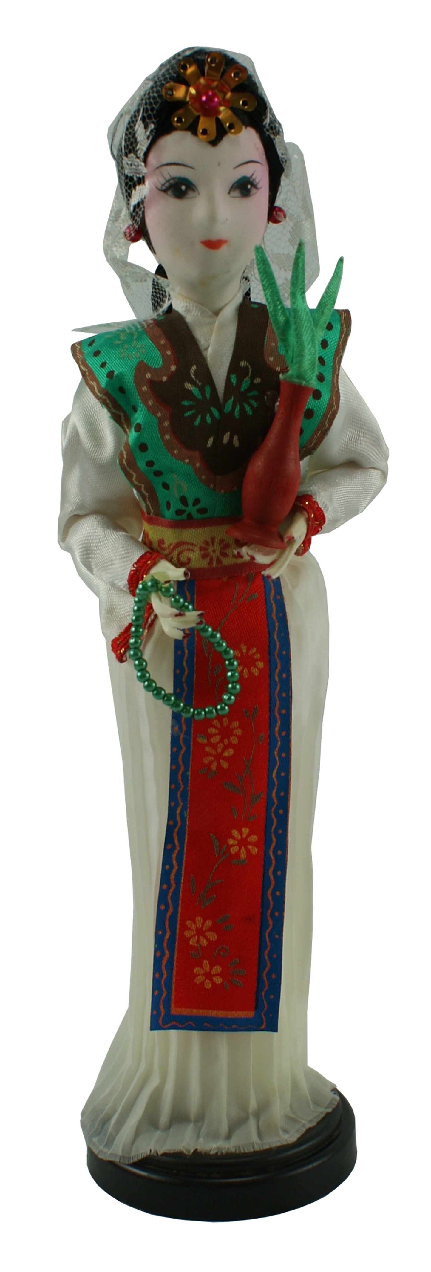 3374 - 10" Green Vest, White Skirt, Red Sash Woman Doll - Vase - |X-18|