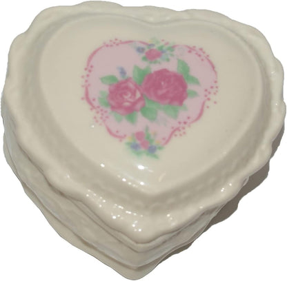 34581 - VINTAGE 3" CERAMIC Heart Shaped Jewelry Box w Rose |21-27|