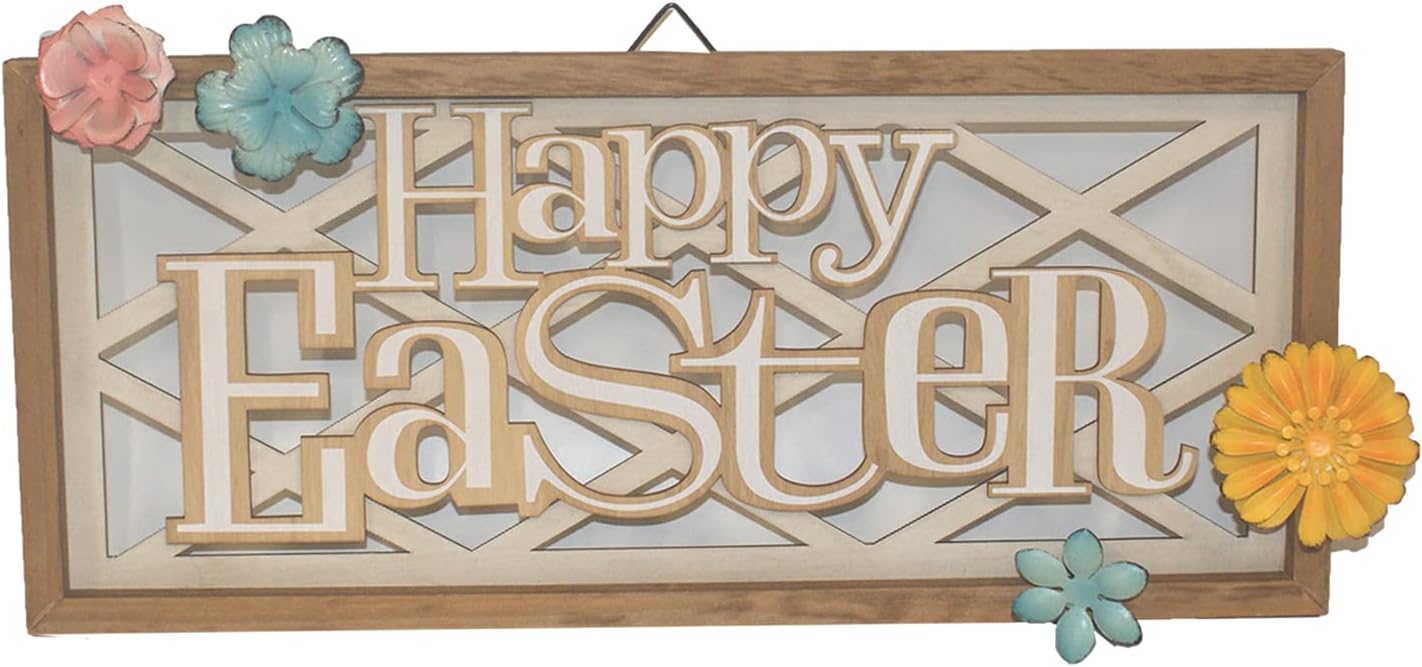 35219 - Happy Easter Sign w/ Metal Flower 10" |Pod 1-23|