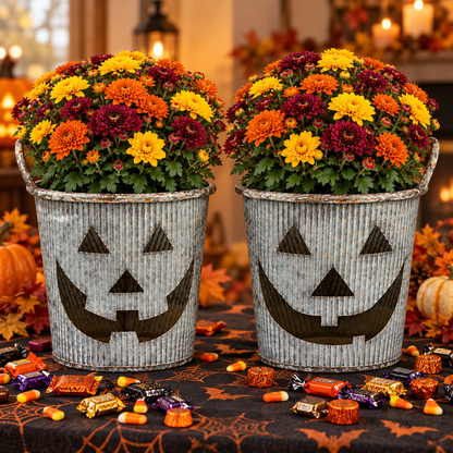 13990 - Set of Two 14X6" Double Metal Pumpkin Buckets |F-25|