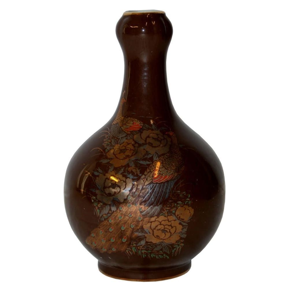 369 - 7.5" Brown Vase w/Peacocks - |F-31|