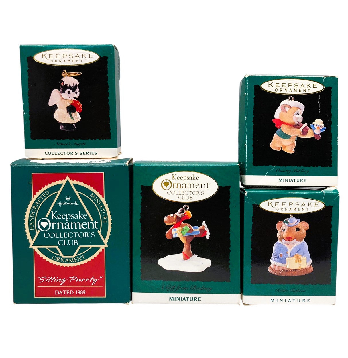 37070 - Set of 5 Miniature Critter Ornament - Skunk, Hattie Chapeau, A Gift from Rodney, Country Fiddling, and Sitting Purrty