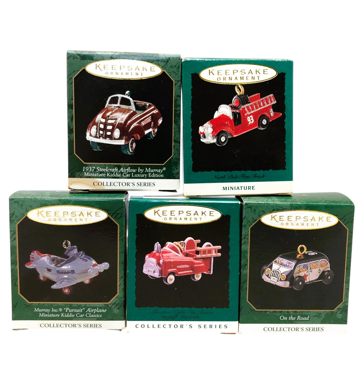 37165 - Set of 3 Miniature Motor Car Ornaments (North Pole Fire Truck, Fire Truck, On the Road, Airplane, Steelcraft Airflow)