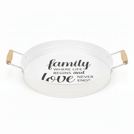 37604 - Charming Vintage-Inspired Family 12-Inch Tin Tray with  Wooden Handle for Rustic Home Decor |11-16|
