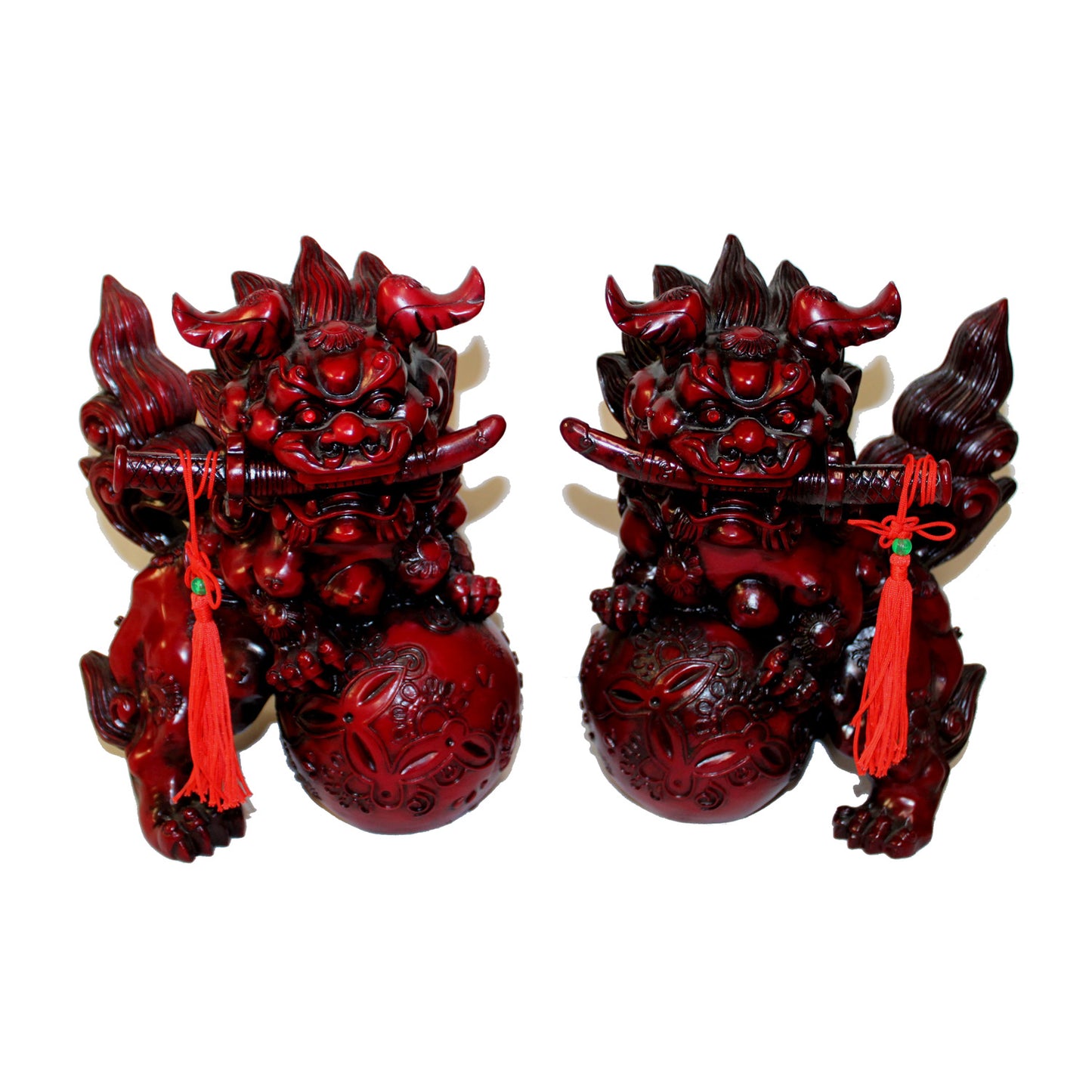 3840 - Two 8" Red Fu Dogs - Swords - |Z-57|