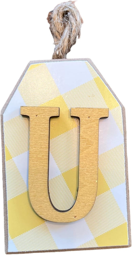 39733 - 4" Letter U Plaque Yellow Plaid - [R-53]