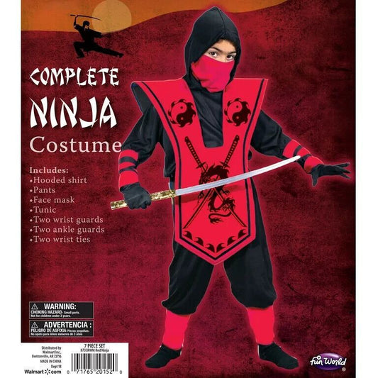 41863 - Kids' Complete Seven-Piece Red Ninja Costume for Boys, Size M (8), Including Hooded Shirt, Pants, Face Mask, and Tunic |BHA-11|