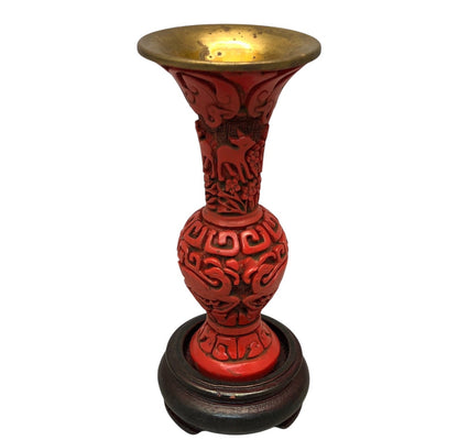 42845 - Elegant 6-Inch Cinnabar Lacquer Style Vase with Wooden Stand for Home Decor and Garden Accents |18-26|