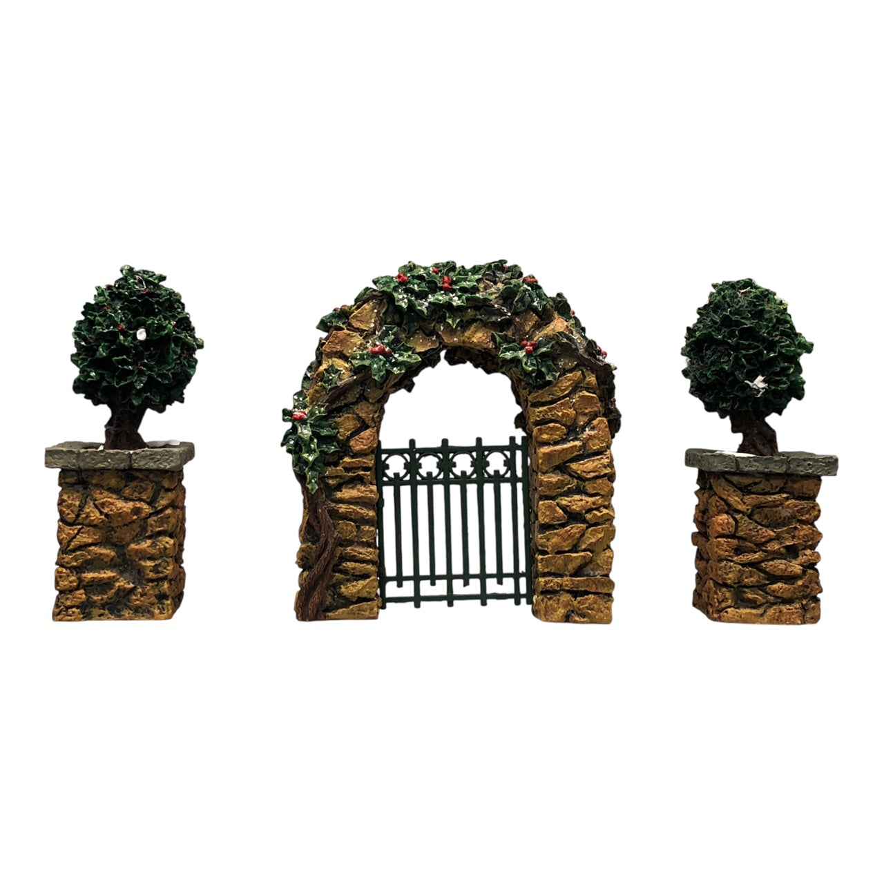 42987 - Dept56 Stone Corner Posts with Holly Tree and Stone Archway Holiday Village Accessory |CCC|