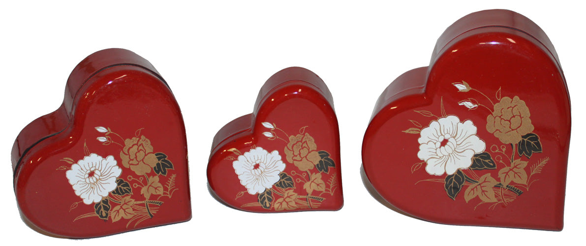 4373 - 3 Heart Boxes Red Lacquered (Decorative Trays)|3-11|