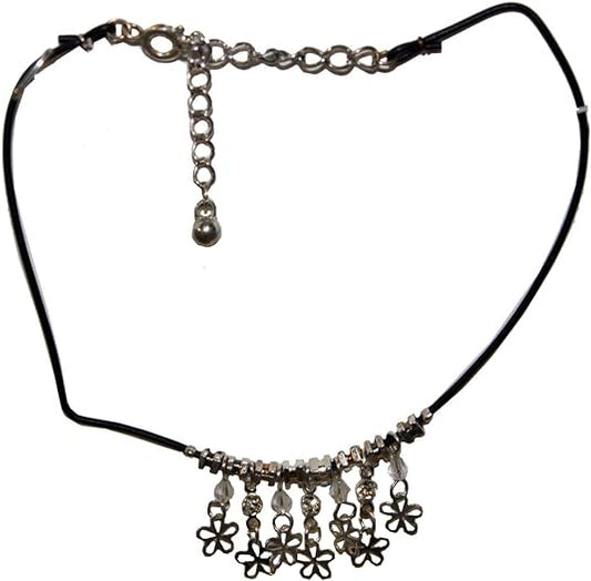 4379 - Anklet Silver Flowers on Black - [Clear-126 or Clear-207]