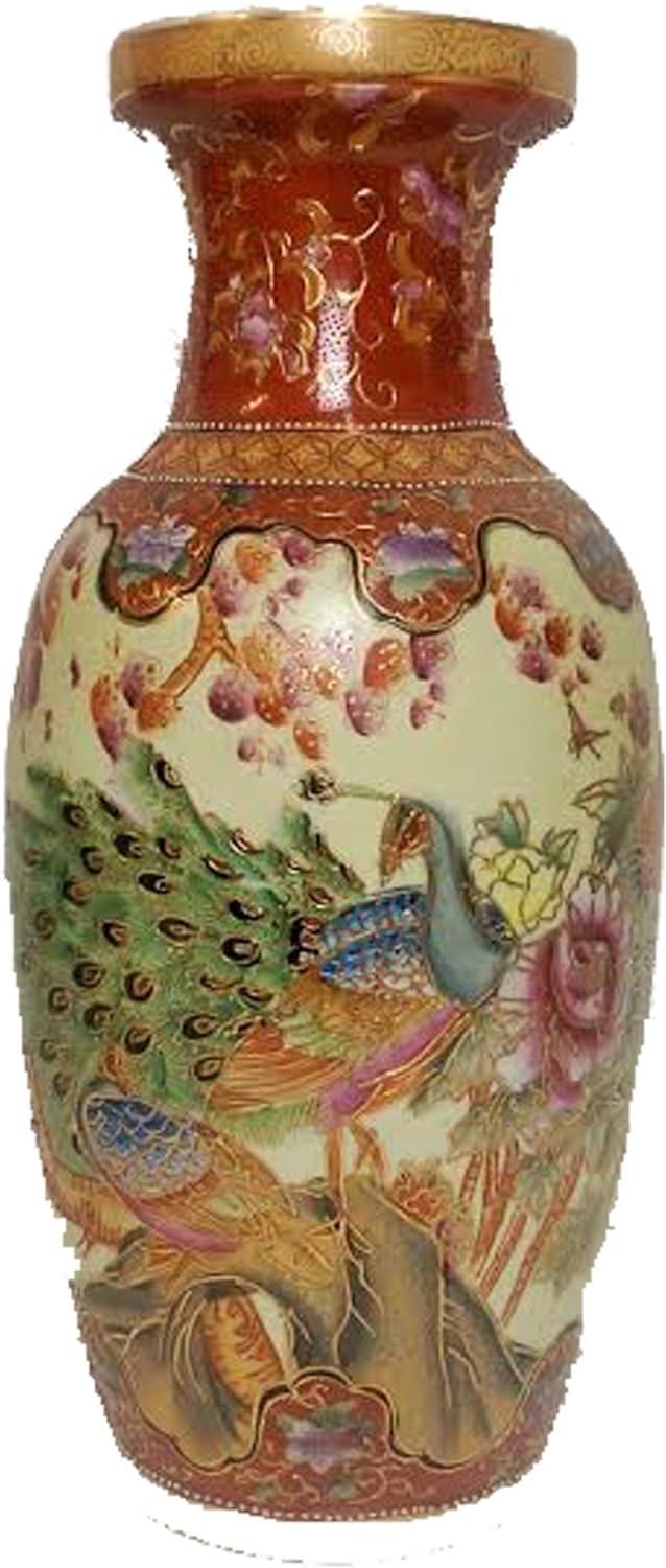 4450 - 18" Satsuma Vase with Peacock Design for Elegant Home Decor and Garden Display |WB-8|