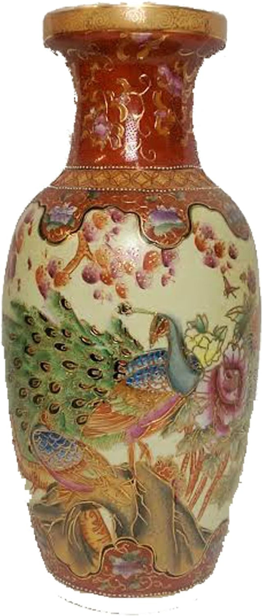 4450 - 18" Satsuma Vase with Peacock Design for Elegant Home Decor and Garden Display |WB-8|