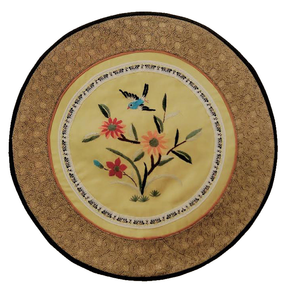 4695 - Vintage Silk 11" Round Embroidery Doily Featuring Beautiful Blue Bird and Flowers |17-30|