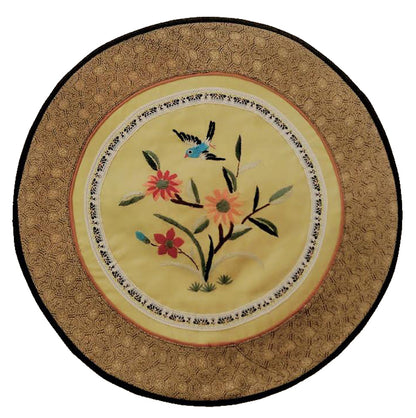 4695 - Vintage Silk 11" Round Embroidery Doily Featuring Beautiful Blue Bird and Flowers |17-30|