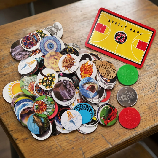 48294 - Pogs Milk Caps Lot – 200 Pieces + 6 Slammers + 1 Gameboard – Street Kaps