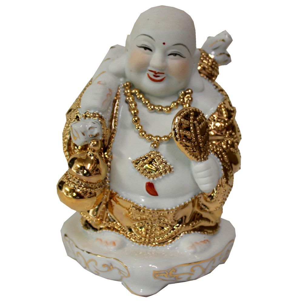 5064 - 6" White & Gold Ceramic Buddha - Fan - |X-95|