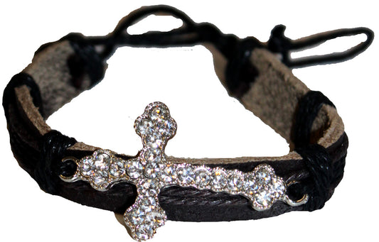 6253 - Leather Bracelet Crystal Cross - |Clear-207|