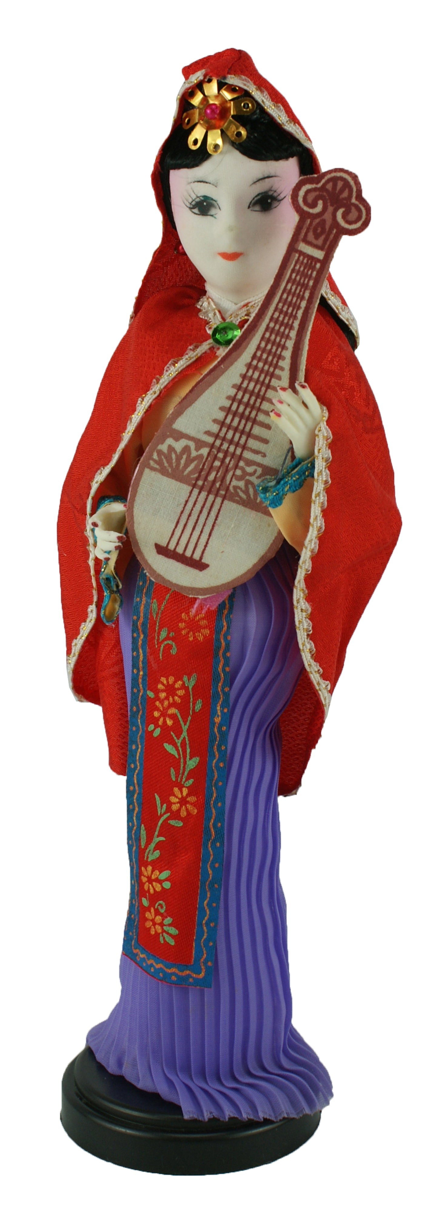 6666 - 10" Purple Skirt, Red Sash, Peach Sleeves Woman Doll - Lute #2 - |X-18|