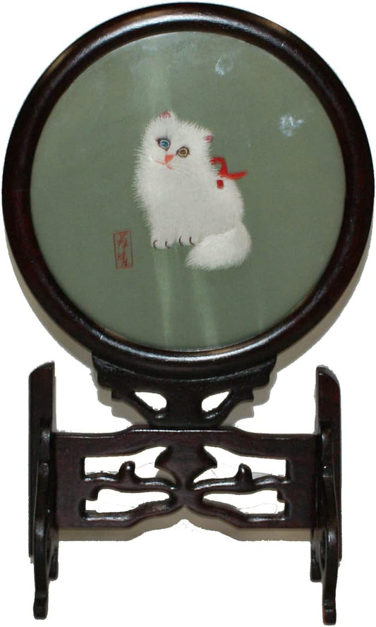 7035 - 7" White Cat Framed Embroidery - |3-14|