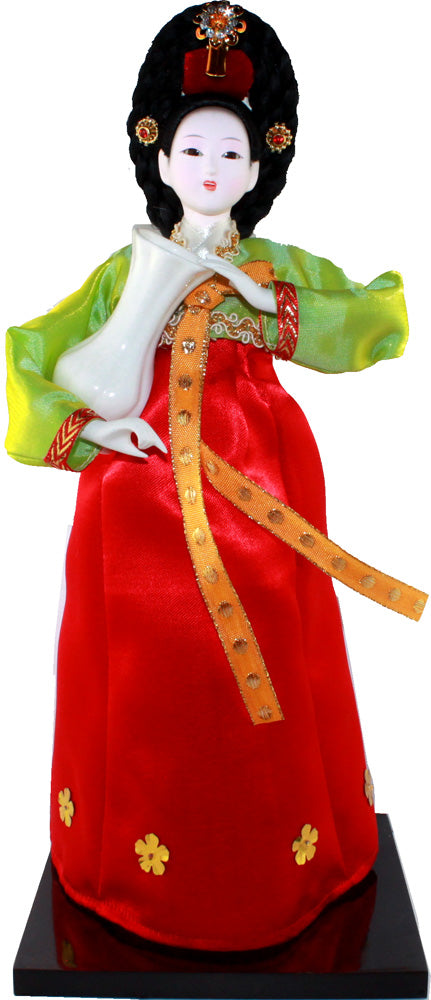 7039 - 12" Green Sleeves, Red Skirt, Hair Up Woman Doll - Vase - |X-45|