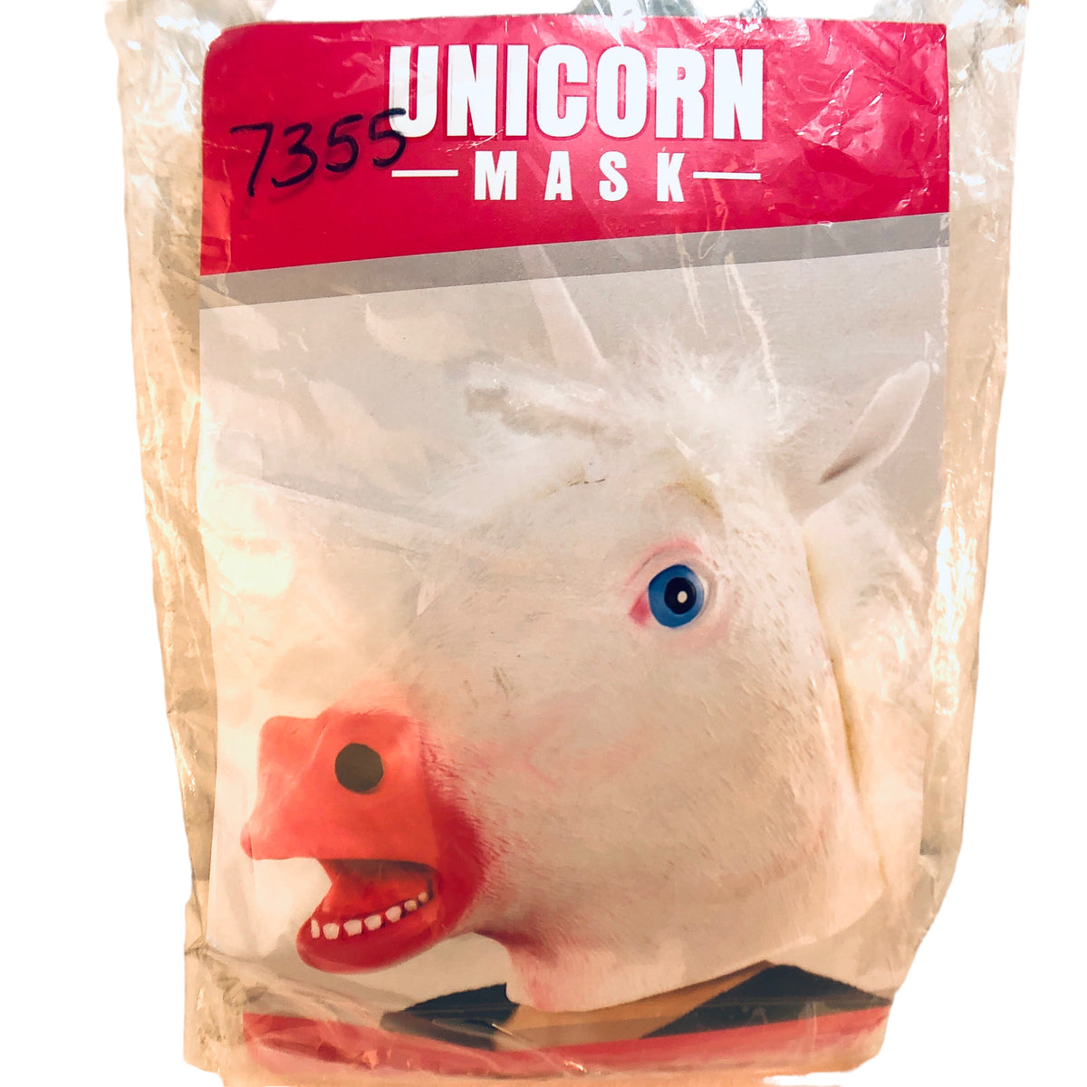 7355 - Playful Rubber Unicorn Mask with White Design, Pink Snout and Bright Blue Eyes for Cosplay |Pod 2-22|