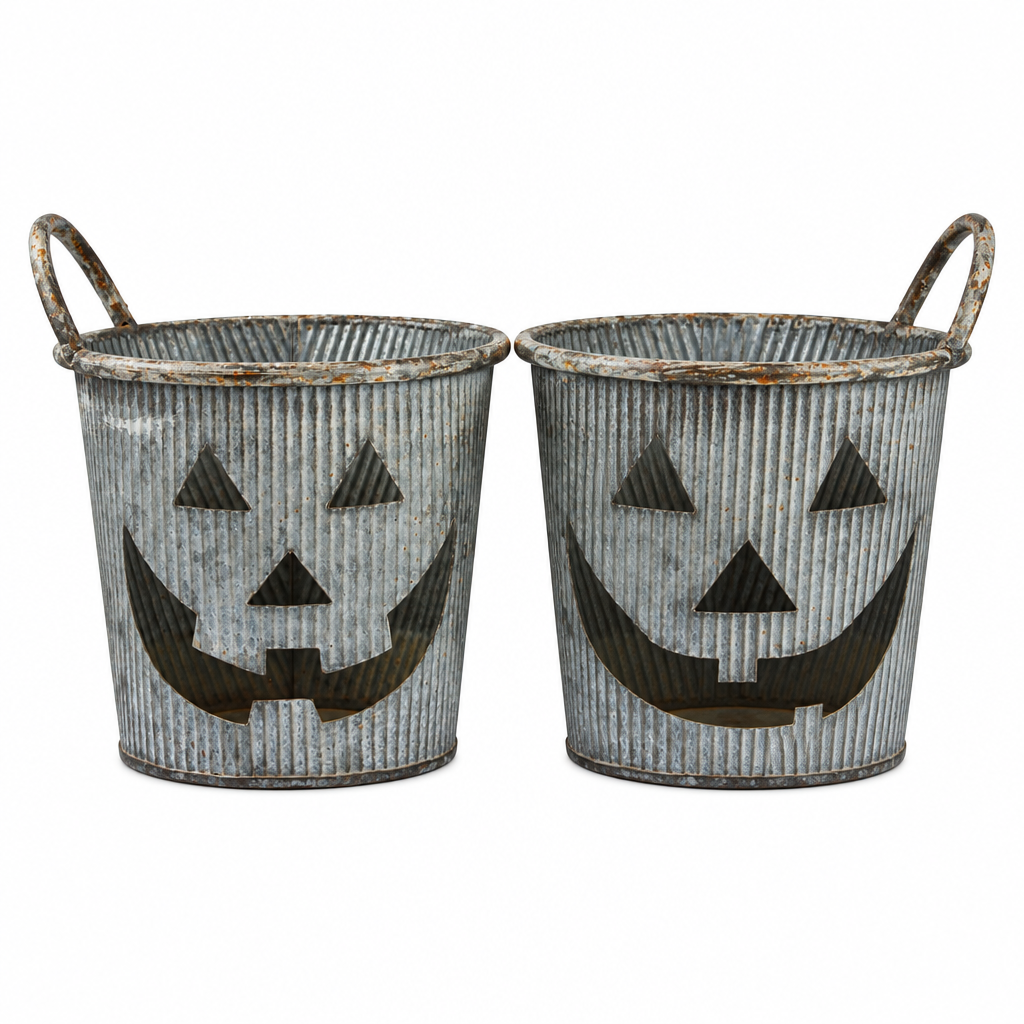 13990 - Set of Two 14X6" Double Metal Pumpkin Buckets |F-25|